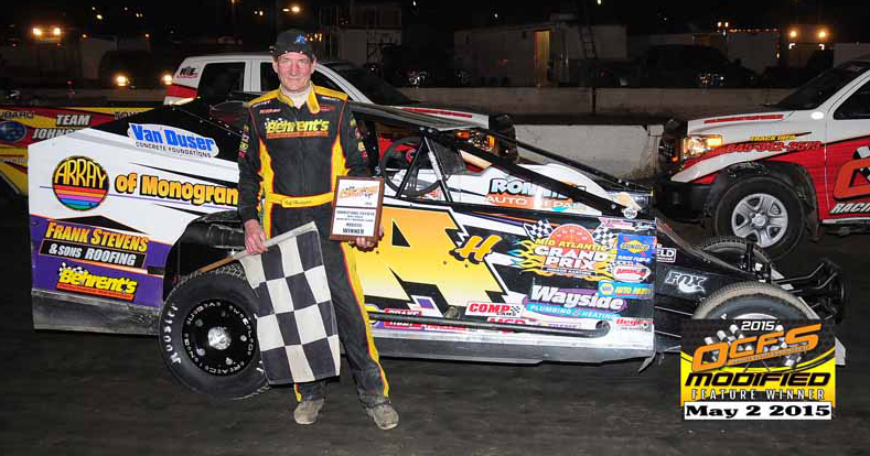 Jeff Heotzler wins his 49th big block modified feature at the Orange County Fair Speedway on May 2nd, 2015 in the Roberts Racing 14H TEO Pro Car!