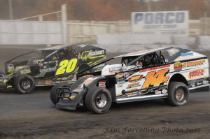 Jeff Heotzler, 14h, battles Brett Hearn, 20, during the 2015 Eastern States 200 at the Orange County Fair Speedway!