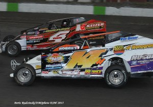 Jeff Heotzler battles Tim McCreadie in the Eastern States 100 at the Orange County Fair Speedway!